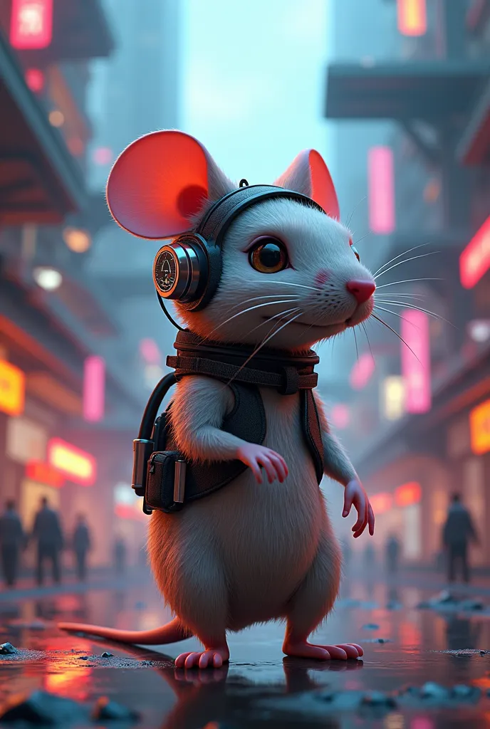Realistic mouse with a top mouse , in a futuristic city