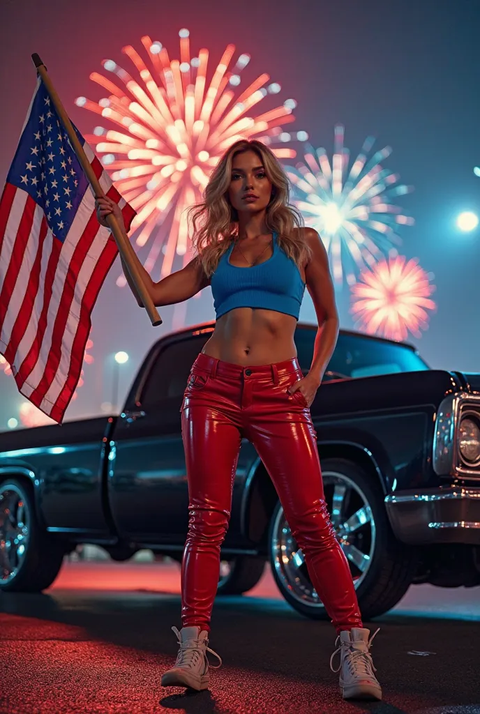 A patriotic-themed promotional poster showing a confident woman in red leather pants and a blue crop top holding an American fla...