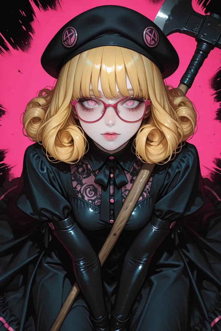 1 a girl with very short curly yellow hair,bright pink eyes, linda, cute black dress, lenses with red frame, fair skin, black be...