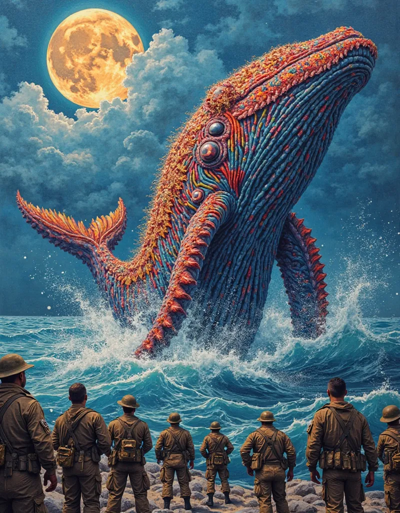 A large group of soldier are watching. An embroidered giant octopus-like whale with colorful threads mimicking painterly brushst...