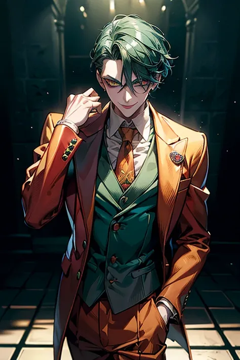 masterpiece, best quality, ultra-detailed, semi-realistic anime style, dramatic lighting, male character, JOKER, green slicked-b...