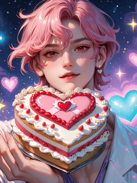 ((person)), very cute,  short pink hair below the angle, person는 메이드복을 입고있습니다,      white ribbon     , red eyes, male, with a he...