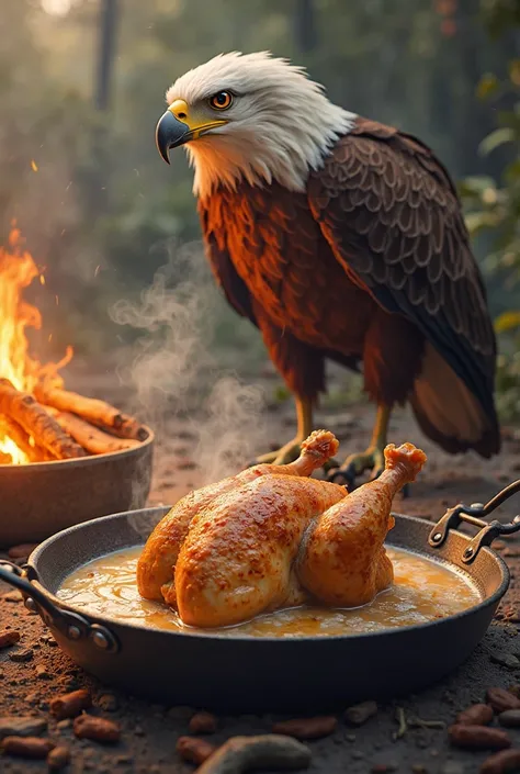 A chicken is being cooked in oil, and an eagle is standing next to it, enjoying the view, and a fire is burning brightly next to...