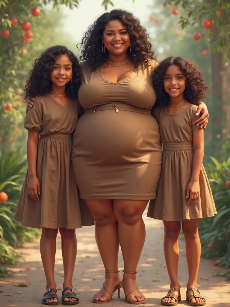 Deusinalva Hernandes plus size sexy in short brown dress with her two daughters on the side.