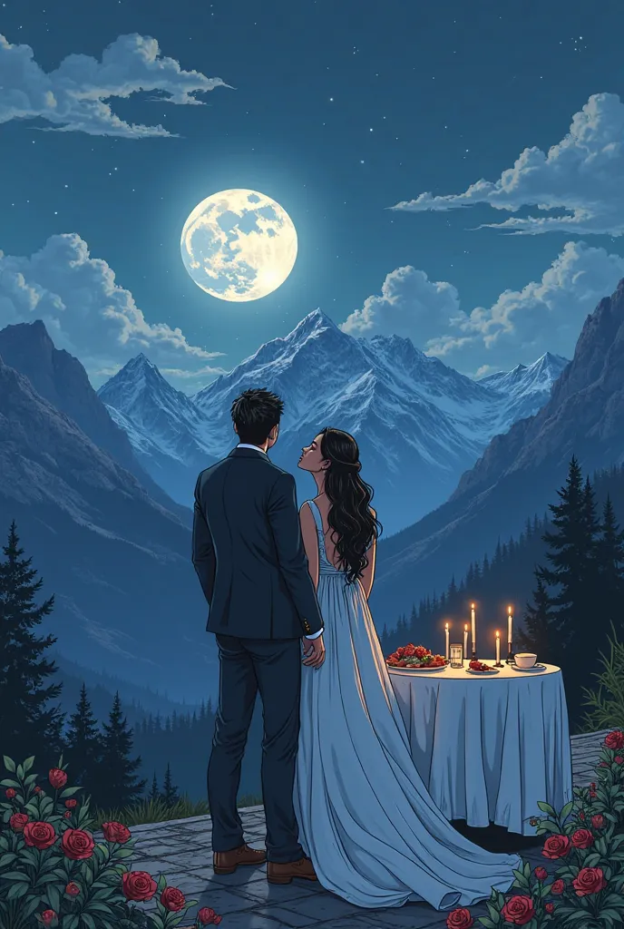 A mountain view with a man wearing a suit and a woman a bit shorter wearing a white dress beside her. They are looking at the mo...
