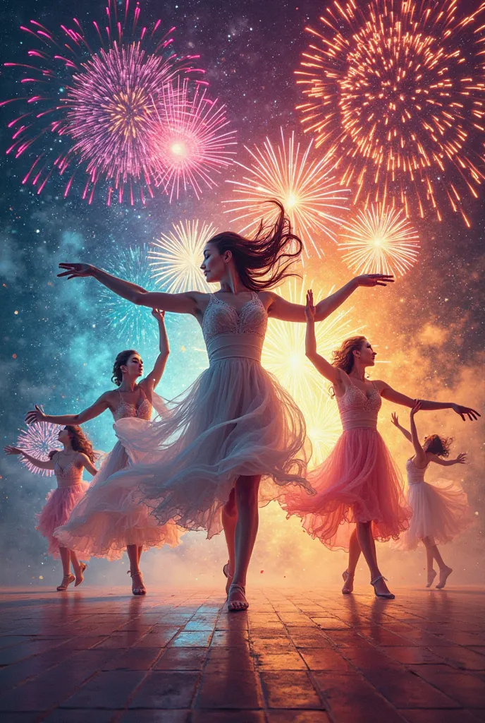 Une affiche avec plein de couleur qui explose comme des feus d'artifices avec des danseuses 