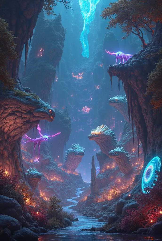 a zoo from another planet with different animals that glow in the dark, 