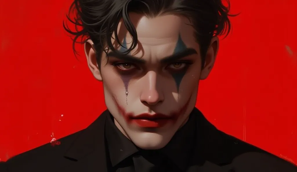 Make a handsome joker who is crying, using black suit .  red background  