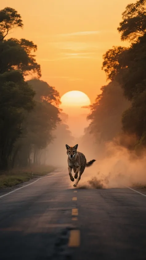 HollA wild animal running down an empty road at sunset, with dust rising behind it, surrounded by trees on both sides and a gold...