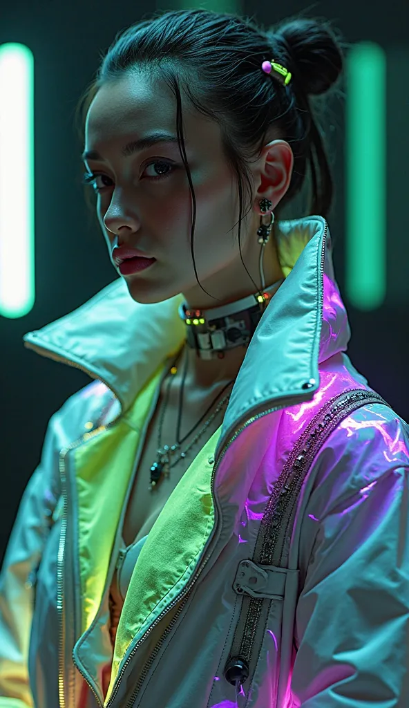  vogue high fashion cyberpunk environment, human +mecha hybrid model wearing jacket high fashion neon green+purple+white colored...
