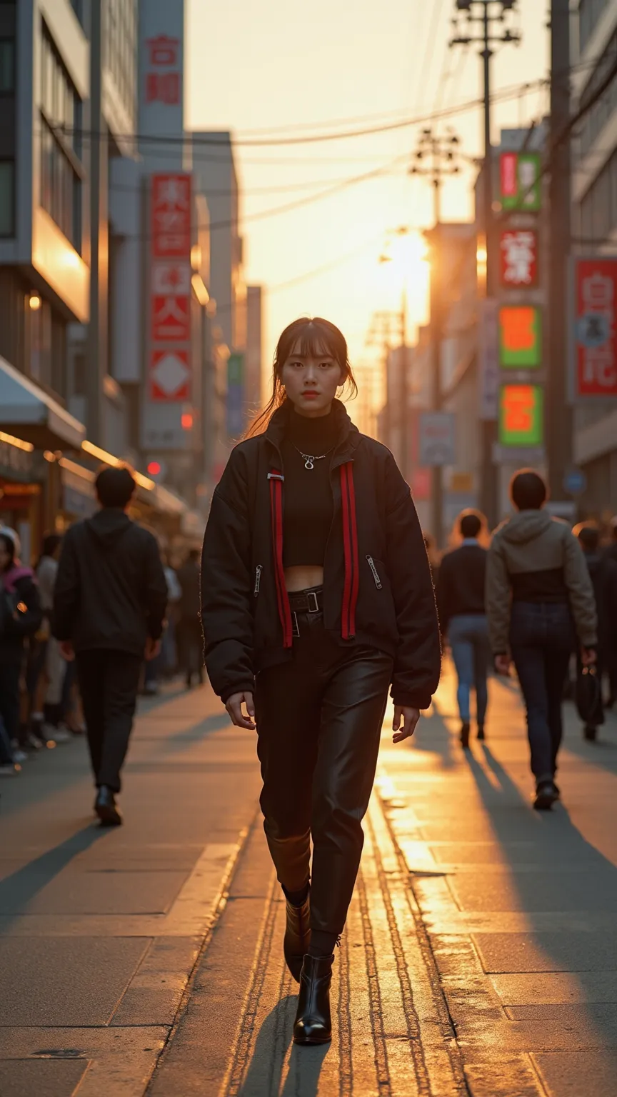 A poised 20s female model walks along a fashion runway set in Harajuku, Tokyo, just before sunset. Warm light from the sky refle...