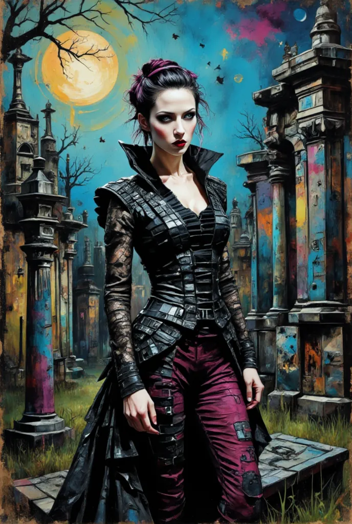 Create a female vampire, with a super elegant black costume, In a cemetery next to the coffin with the lid open, Vampires coming...