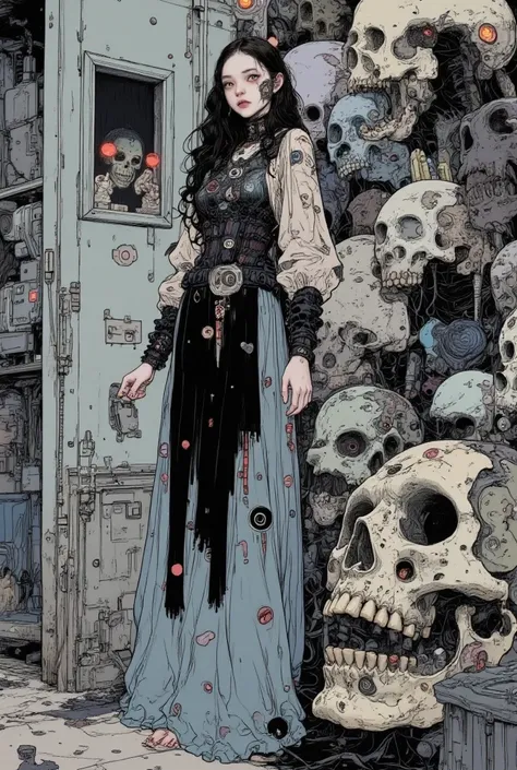 ((Highest Quality)),((masterpiece)),32K,16k,  silk hat  , Woman Standing Next to a Laughing Skull,long hair,wave hair, super pre...