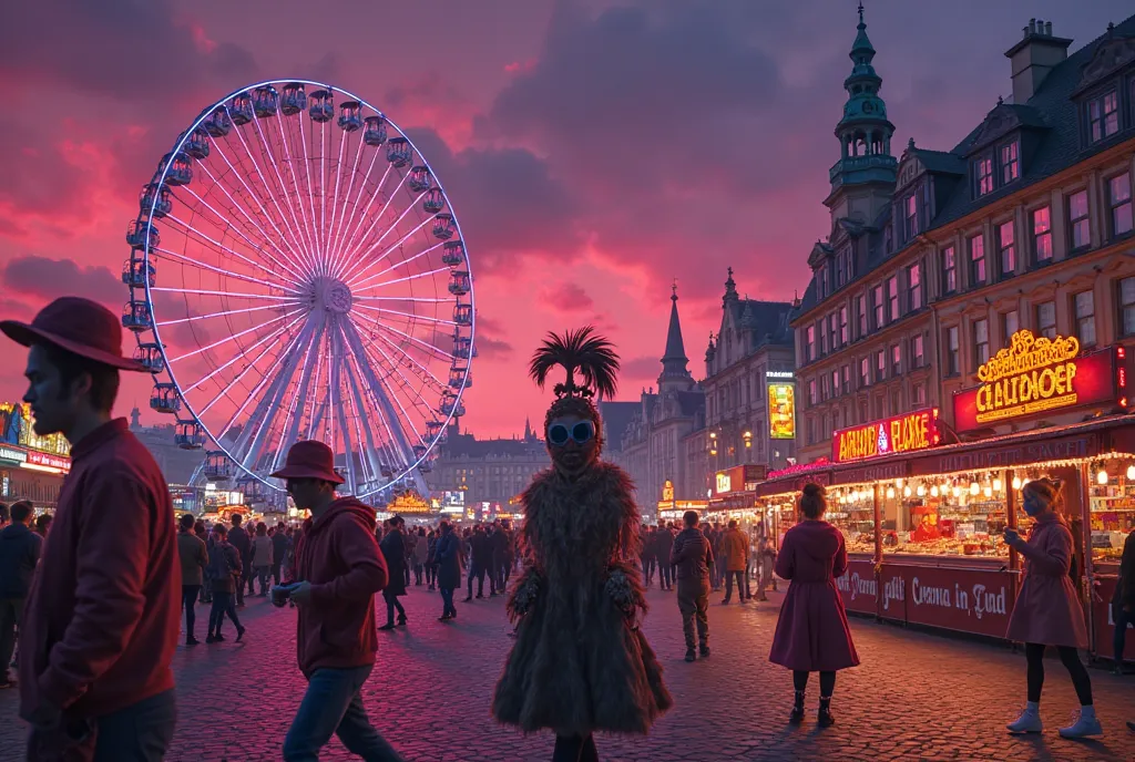 At dusk, under the deep purple red sky, during the carnival carnival, in the city center square, the square is shrouded in satur...