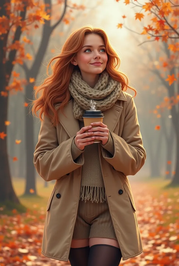 A warm, semi-realistic digital painting of a beautiful young woman named Polina walking through an autumn park. She has long, sl...