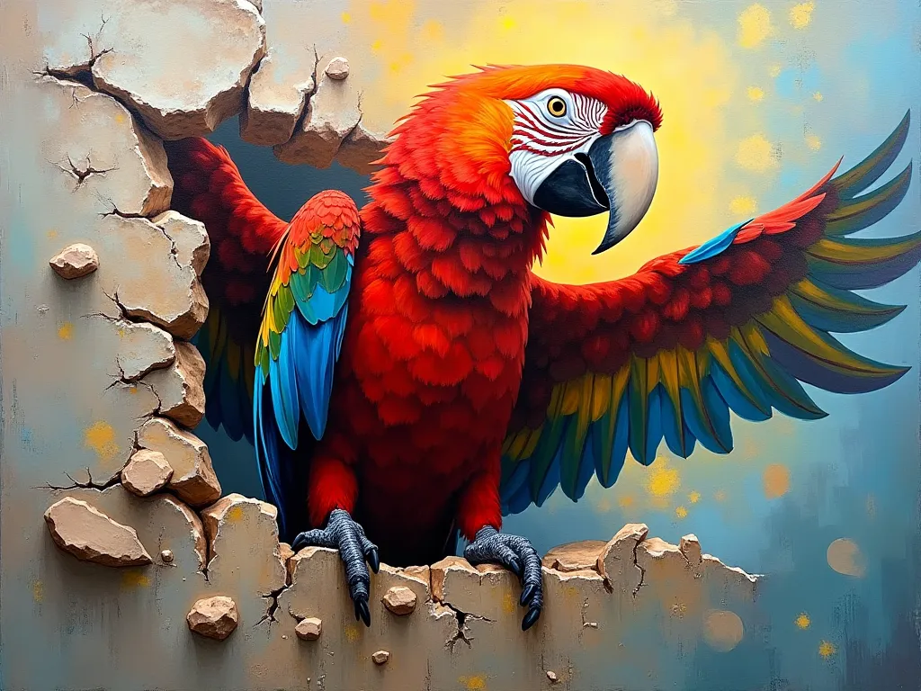 Design an acrylic painting depicting a parrot bursting through a canvas, its feathers vividly colored. Surround it with fragment...
