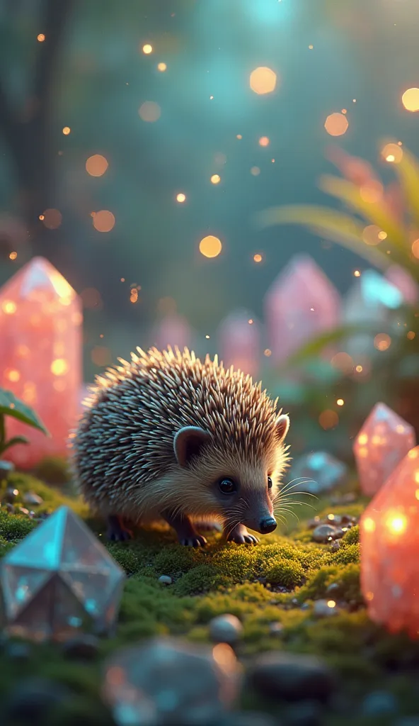Realistic baby hedgehog walking among glowing crystals and radiant gemstones in a vibrant magical garden, richly colored backgro...