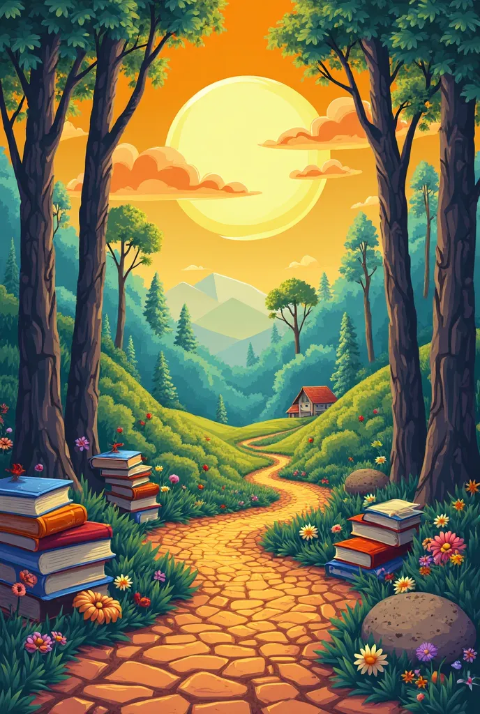 Vibrant book cover with a bright sun and an open forest. At the end of the forest, a colorful world with happy families and soci...