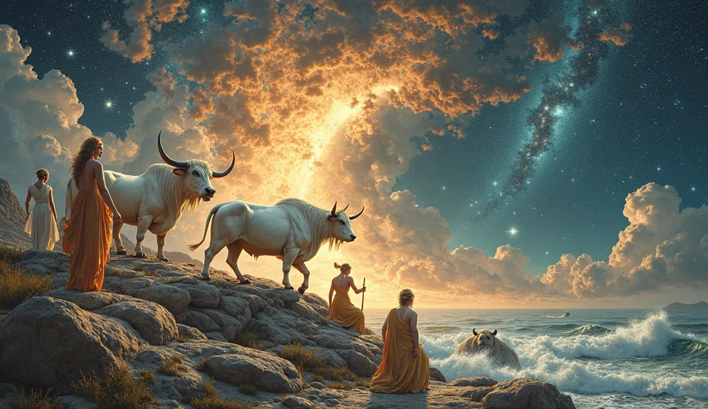 An epic mythological collage showing Zeus in multiple forms (a majestic white bull, a beautiful swan, a glowing god of thunder),...