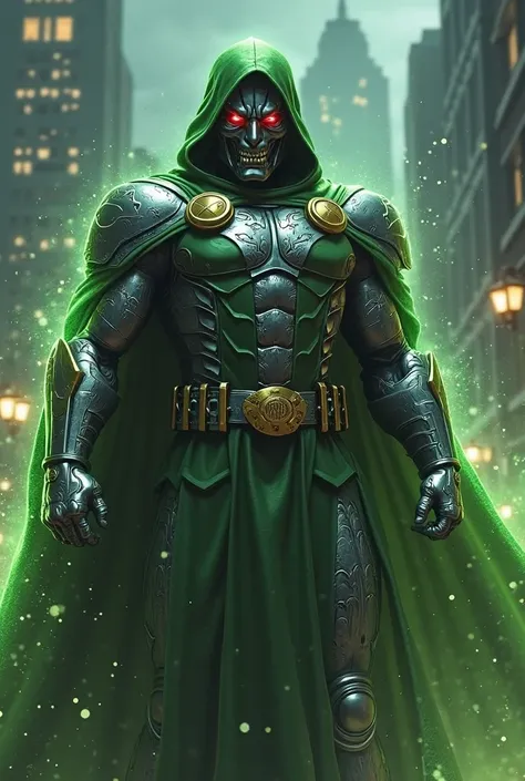 DR. Doom in full body, with his iconic metallic gray armor and etched details, reflecting the ambient light.  
- Mask with an im...