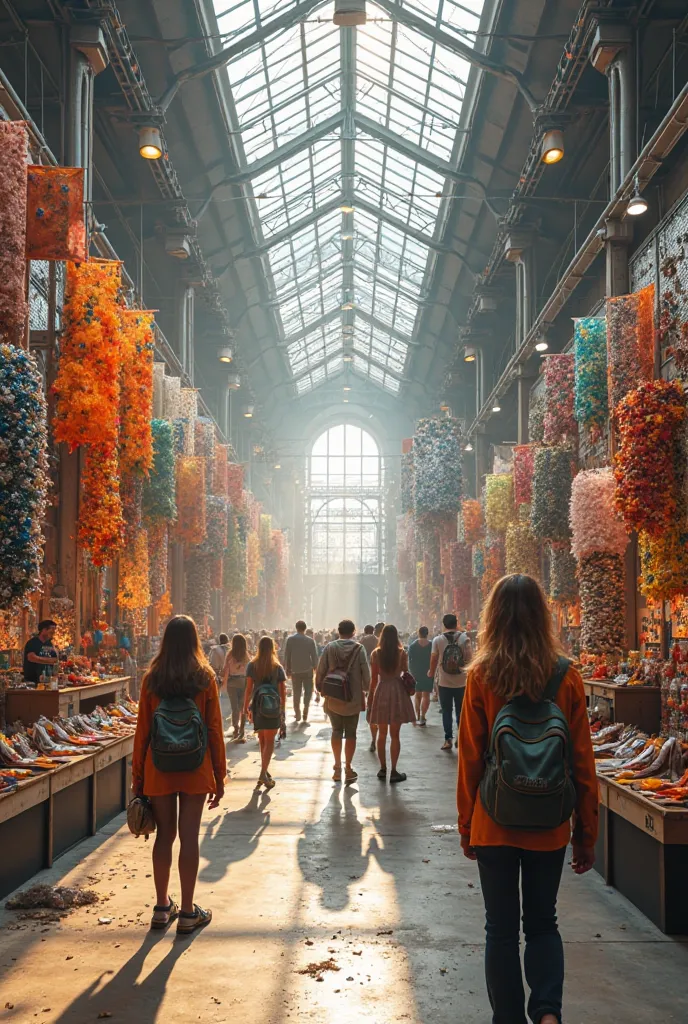 Generate an image of an art exhibition fair with recycled materials
