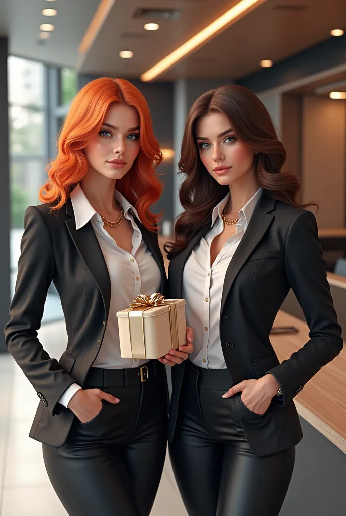 Realistic image of 2 attractive buisnes woman, gingy girl and brown hair woman in wearing suit, open jacket, office formal skint...