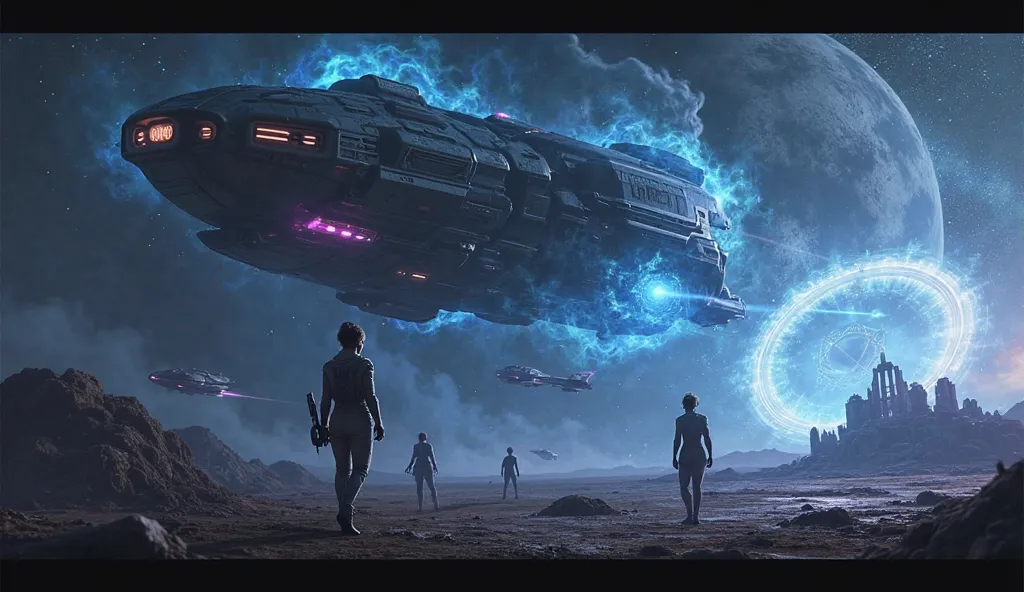 Create a captivating and visually impressive YouTube thumbnail for an epic sci-fi story. The image should capture the tension an...