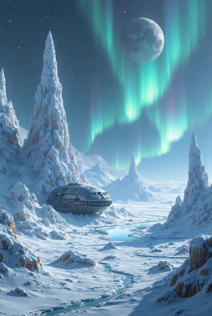 "A frozen landscape on a distant moon, with glowing ice towers and auroras painting the sky. In the distance, a space station is...