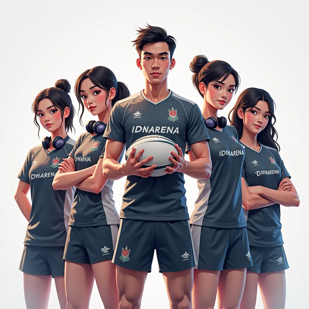 Create a high-resolution digital illustration of a dynamic and stylish group of five young Asian athletes—three men and two wome...