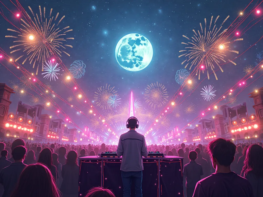 Create an image of a festival filled with lights on stage a beautiful DJ and in the background the moon and fireworks illuminati...