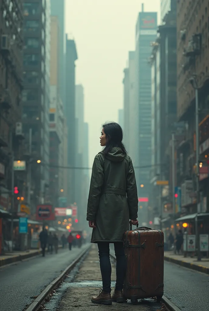 Show the person with a suitcase, standing at the threshold of a new, unfamiliar city, looking back with mixed emotions—hope and ...
