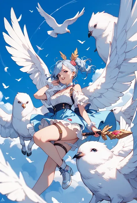 Illustration of many white pigeons flying in the blue sky