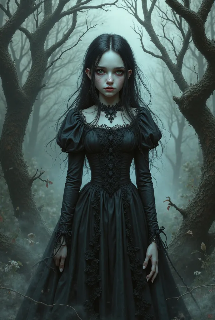 Generate high quality sketches of gothic fairytale girl 