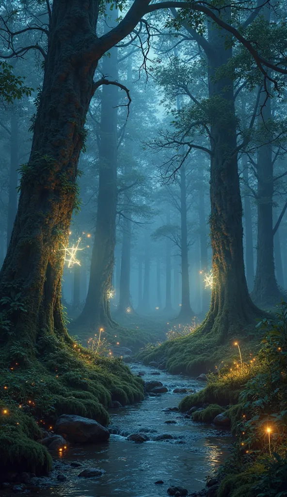 A forest clearing at midnight with glowing symbols in the trees.