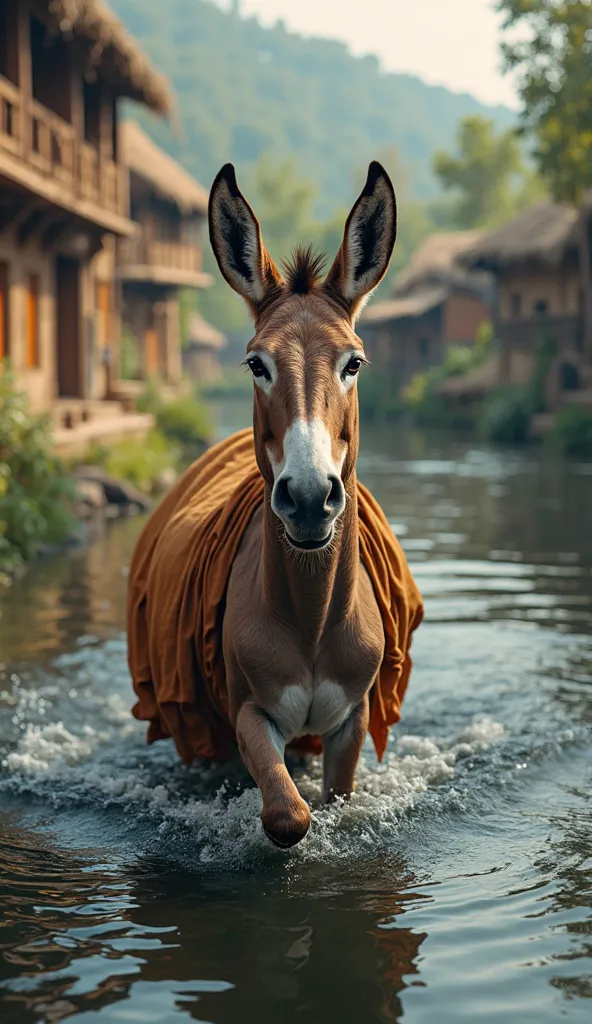 A donkey wearing Brown shalwar qameez is swimming in a Village river the water of the river is black in a village background rea...