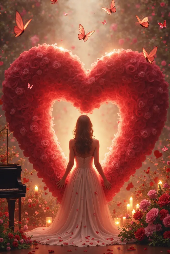 A big red heart with a beautiful  sitting inside it. Around it there is a piano, candles, flowers and butterflies.