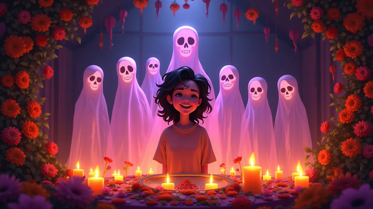 Día de los Muertos altar glowing, with ethereal family spirits standing behind laughing ren.