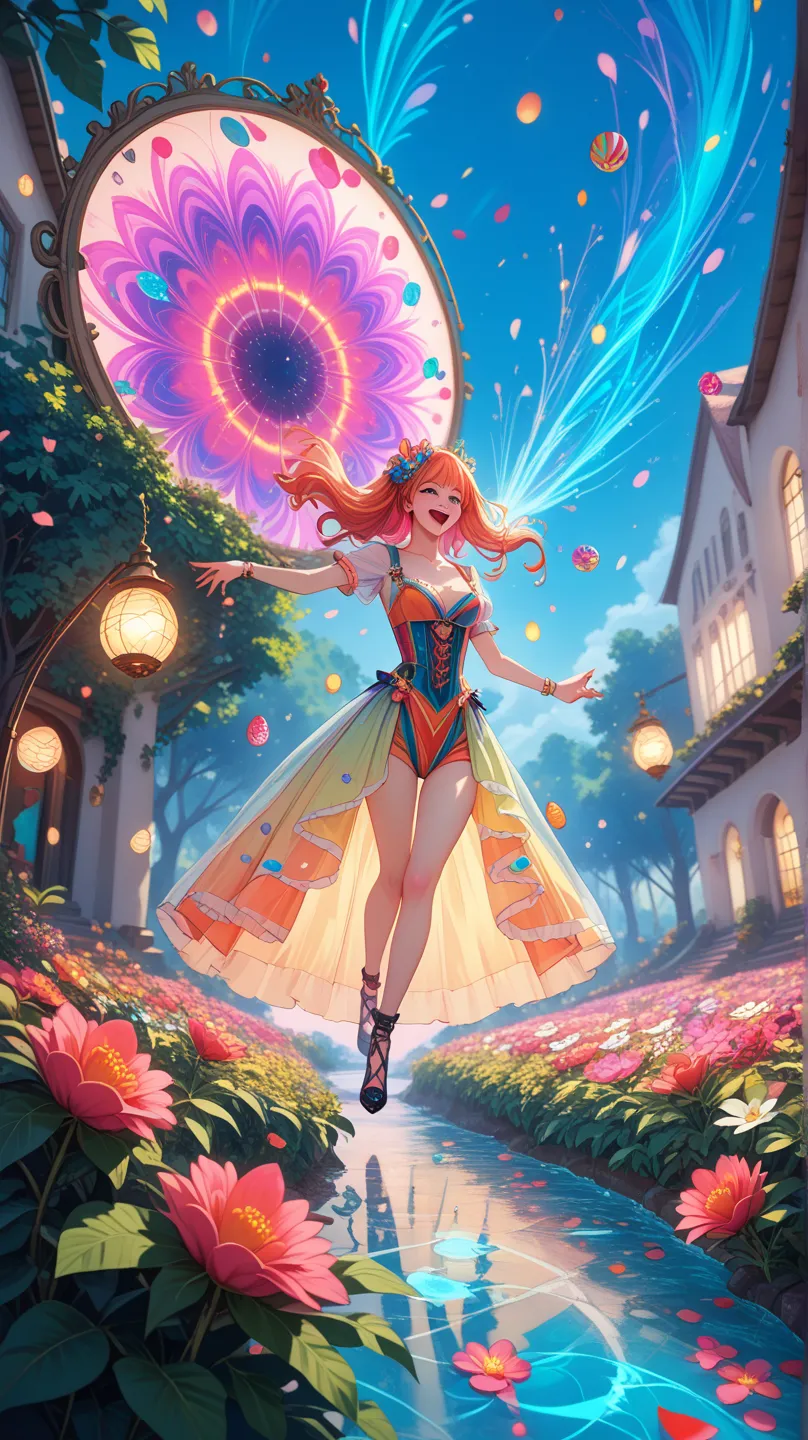 Захватывающий masterpiece девочки, pastel colors surrounded by a background of lush trees of spring., with transcendental elegan...