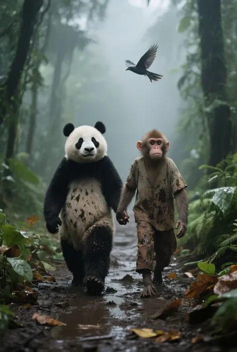 6. Walking together on jungle path
The panda and monkey walk side by side upright along a muddy jungle path. The monkey still lo...