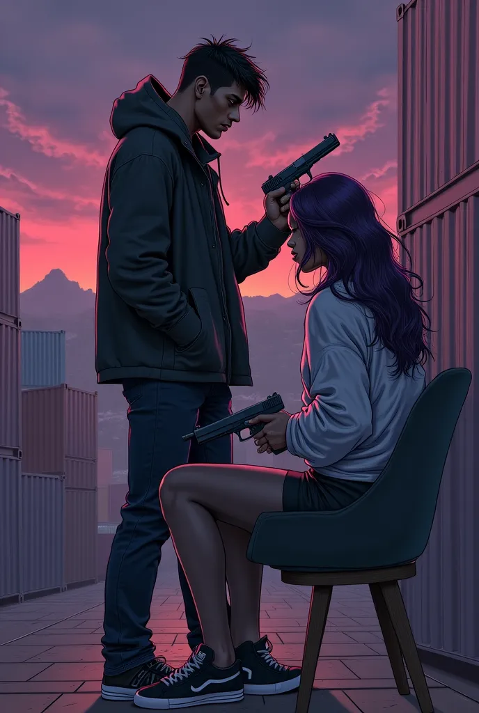 The image shows a digital illustration in the drawing style. hd quality. man and woman.

"Scene in a dark black and dark room wi...