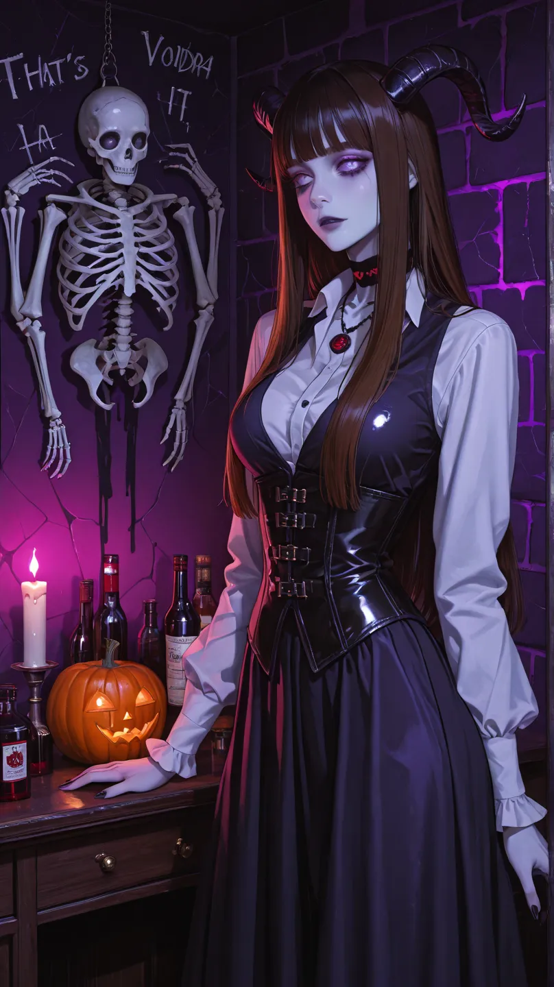  dynamic pose in an environment with a sign written on it {x} next to each other at a Halloween party An image of two friends、wo...