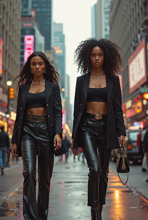 Two women striding confidently with the surrounding cityscape bustling in the background, medium camera smoothly tracking alongs...