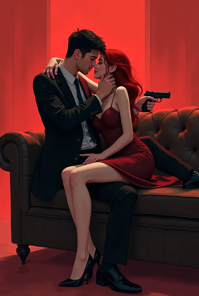 generate an image of an enemy romance. an image that represents characters. a redhead and a black-haired man. both hate each oth...
