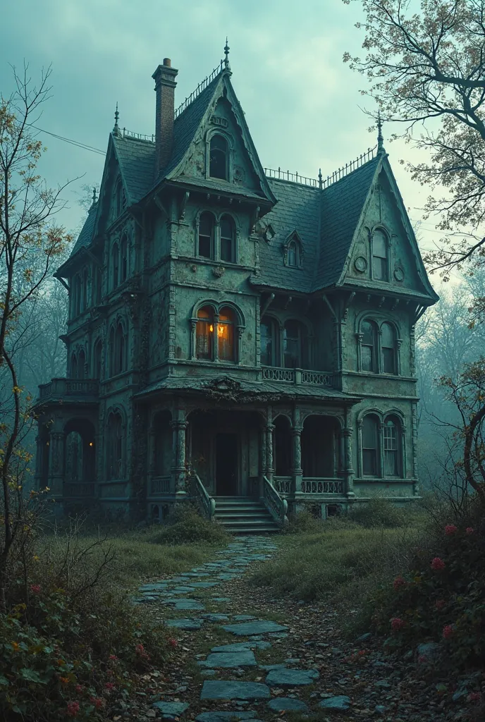 "An abandoned, dark mansion with broken walls, overgrown plants, and a gloomy atmosphere at dusk"
(Scene: First look at the haun...