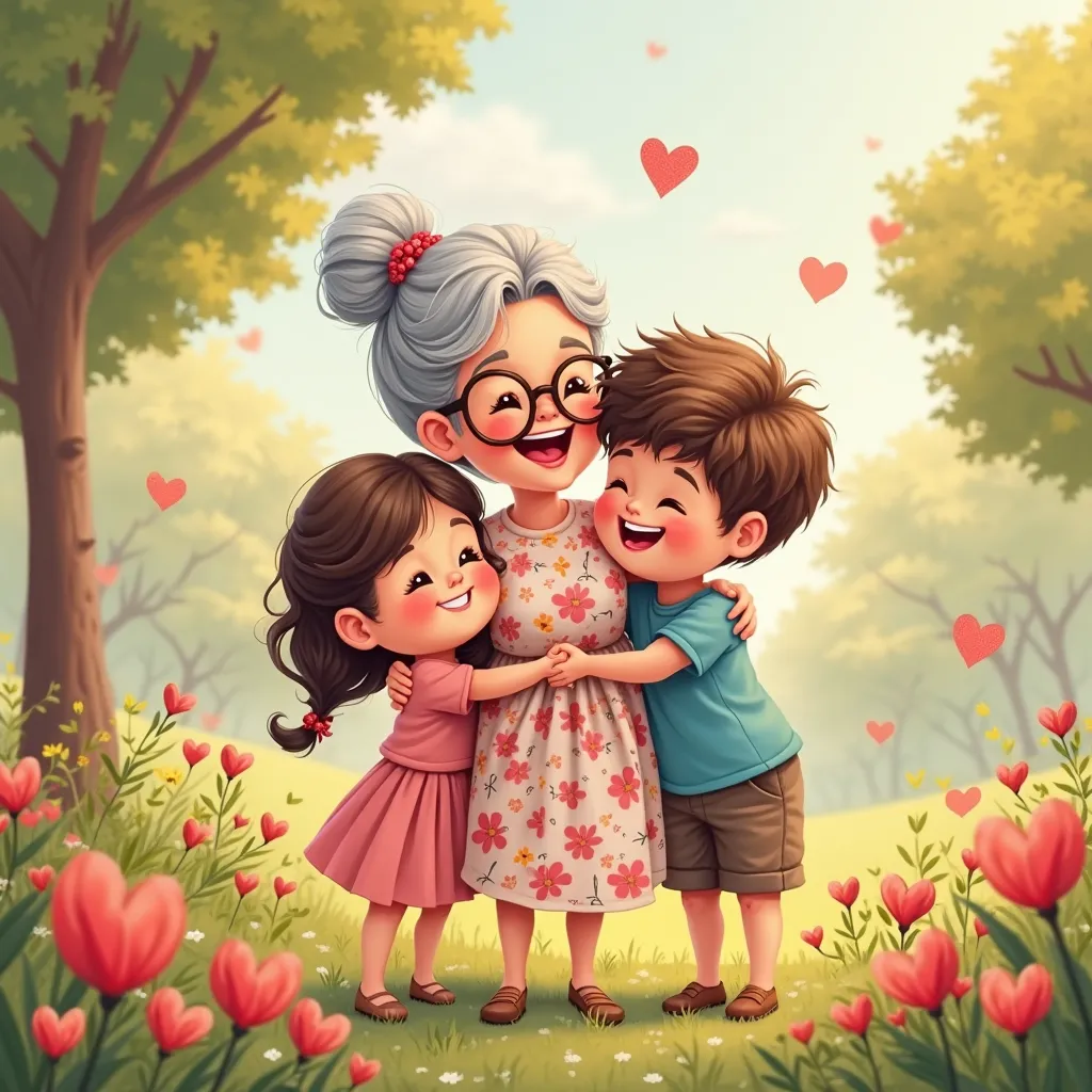 A cute, smiling grandmother with gray hair in a bun, round glasses, and a floral dress, lovingly hugging her two age grandchildr...