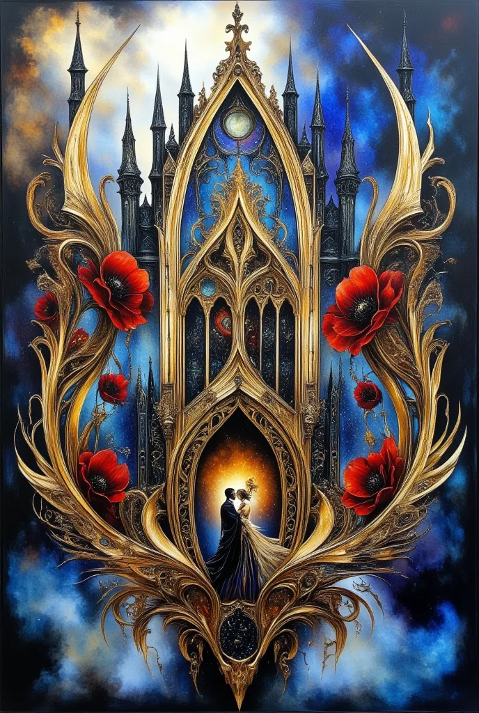 A Gothic castle surrounded by huge openwork poppies made of blue + burgundy smoke.  wind,sparkles in petals sparkle in the light...