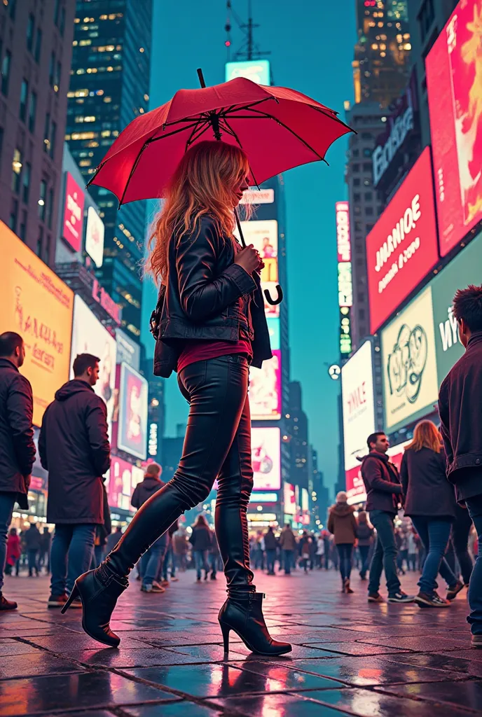 I need a NY Times Square t-shirt design. Make it flashy, modern, futuristic, neon lights. Put a blonde girl walking by with a re...