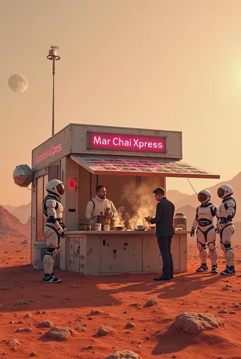 "On the red, dusty surface of Mars under a pale sky with two moons, Elon Musk stands behind a small, futuristic tea stall made o...