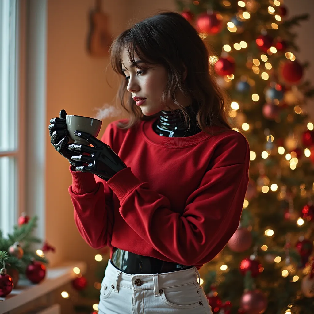 a girl trying a red sweatshirt with white jeans for her full enclosed bodyfit skintight shiny black latex catsuit in home in win...