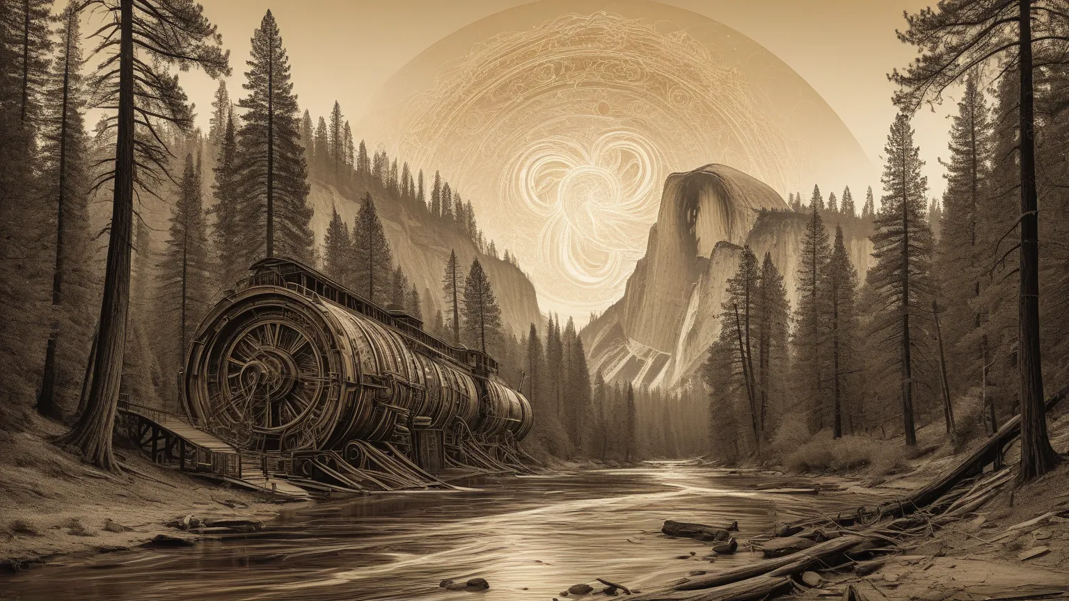 "Produce a surreal gothic engraving artwork in a brown and gold sepia tone. Illustrate Clara standing by a Yosemite trail, watch...
